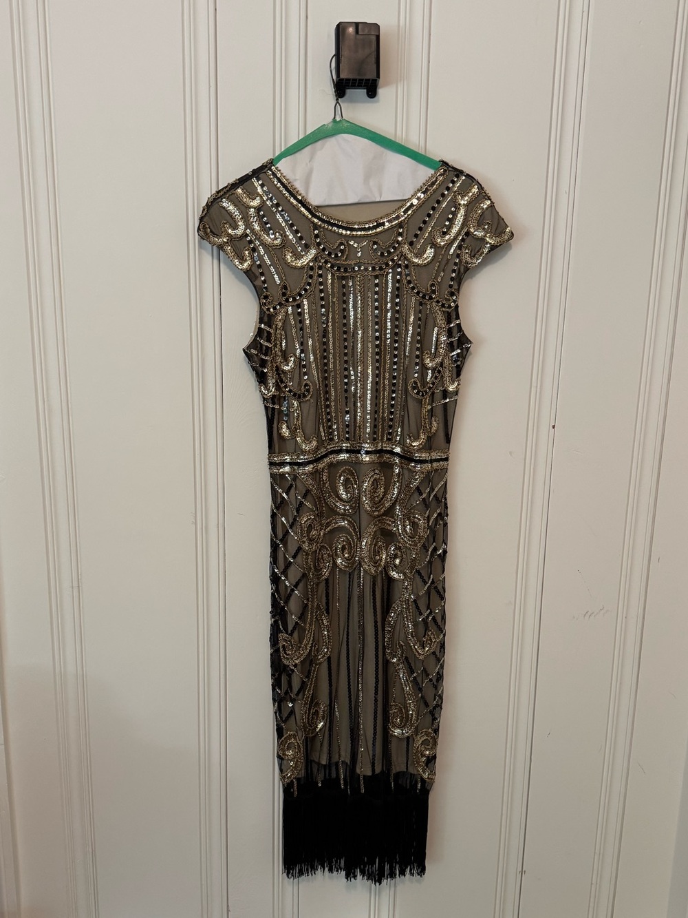 Embellished Gold and Black Fringe Midi Dress